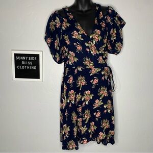 Angie Navy Blue Floral Wrap Midi Dress Cold Shoulder V Neck Large